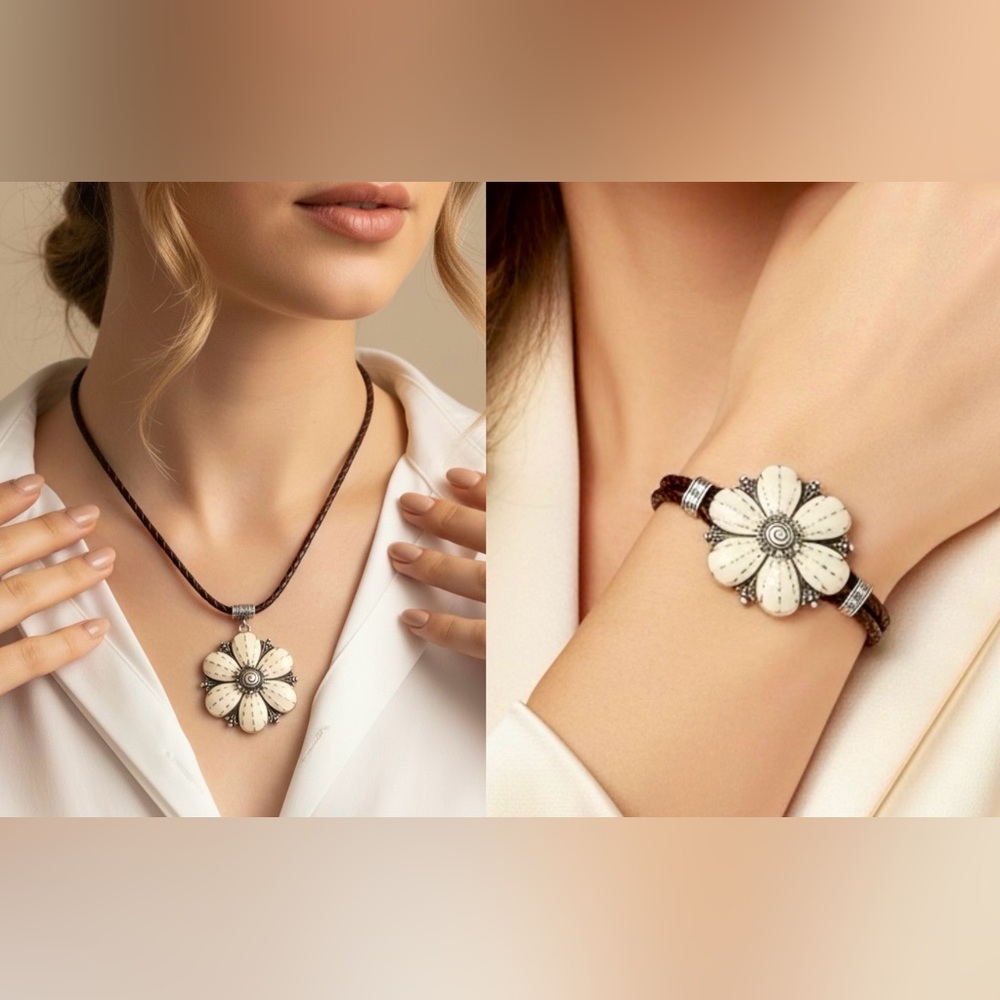Brighton 2-Pc Safari Flower Braided Leather Necklace & Bracelet Brown/Cream